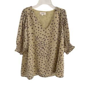 Bohme Blouse Womens Size Small Green Floral Boho Cottagecore Prairie V neck Top